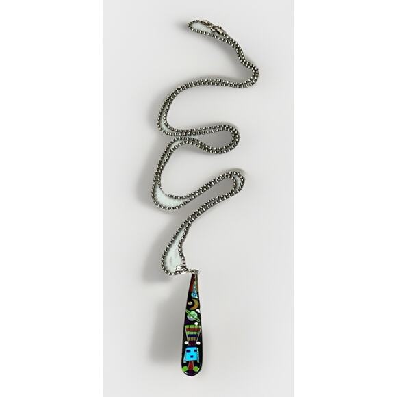 ZUNI Galaxy Rainbow Kachina Micro Inlay Pendant 925 Sterling Silver Necklace - Picture 4 of 16